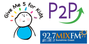 Give me 5 for kids, P2P and 92.7 Mix Fm logos