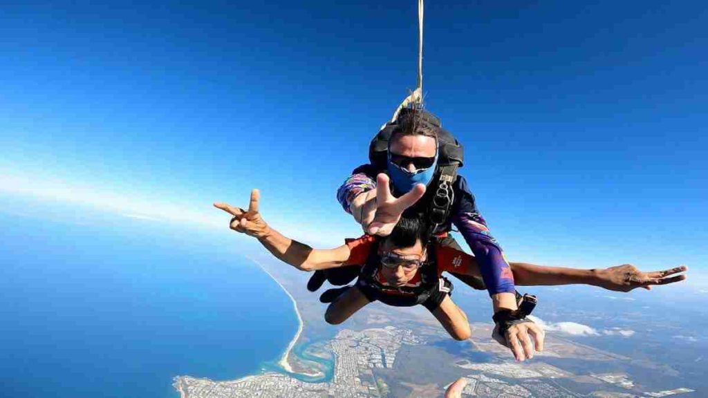 Bruno parachuting down.