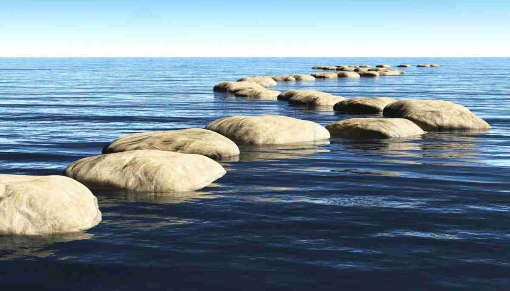 Stepping stones across a lake.