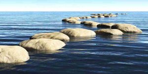 Stepping stones across a lake.