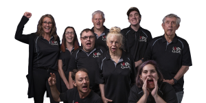 A group of people cheering