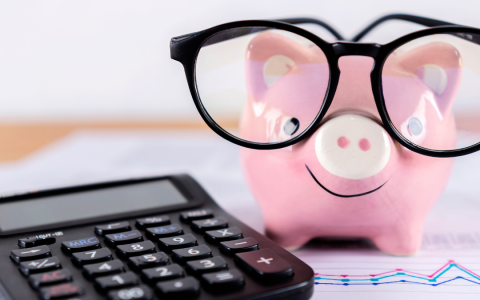 Piggy bank wearing glasses next to calculator